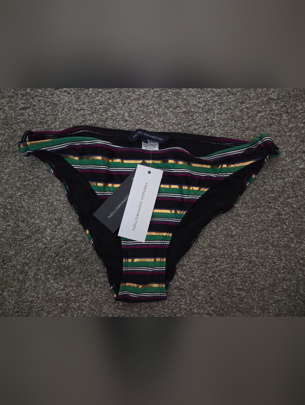 NWT French Connection Dolly Multicolor Stripe Side Hoop Bikini Hipster Bottom L